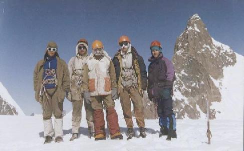 The summit photo, 4950m, Pyramid Mountain behind.